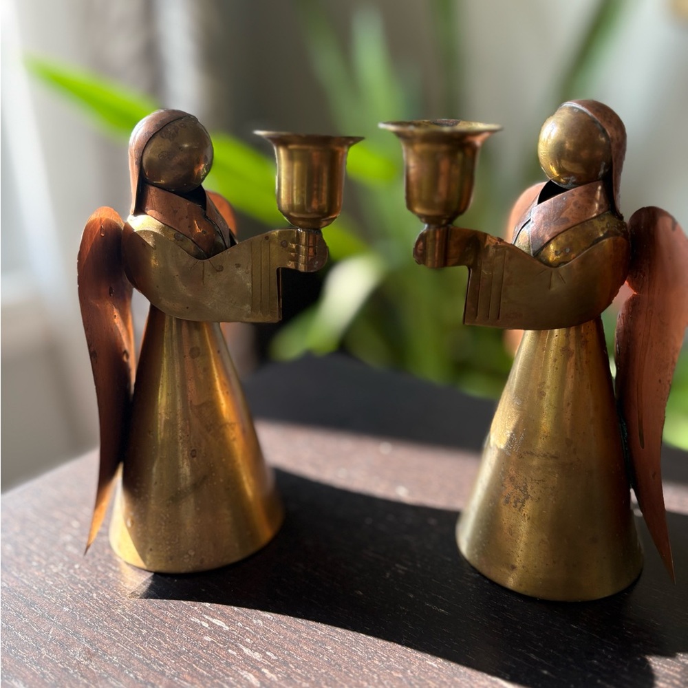 MCM Antique Brass & Copper Angel Candle Holders (Set of 2)